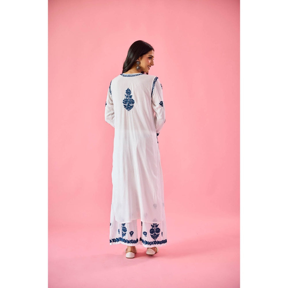 Old Marigold Wazira Blue Modal Hand Embroidered Chikankari Kurta with Palazzo (Set of 2)