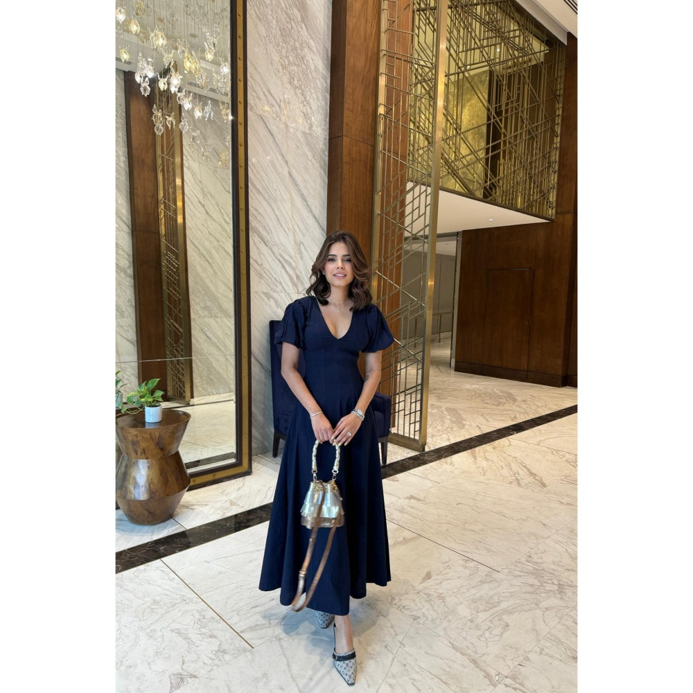 Old Marigold Brezza Navy Blue V-Neck Maxi Dress