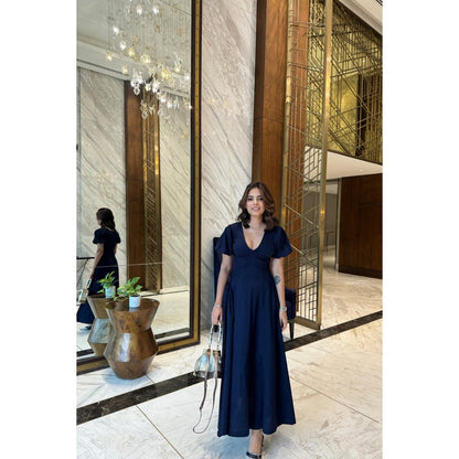 Old Marigold Brezza Navy Blue V-Neck Maxi Dress