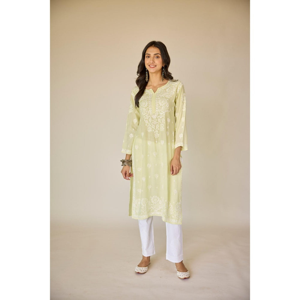 Old Marigold Raha Lime Yellow Muslin Embroidered Chikankari Kurta