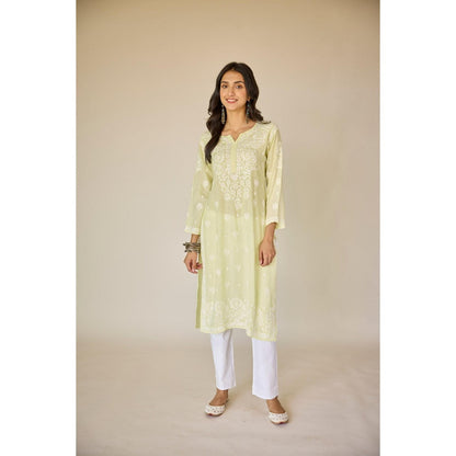 Old Marigold Raha Lime Yellow Muslin Embroidered Chikankari Kurta