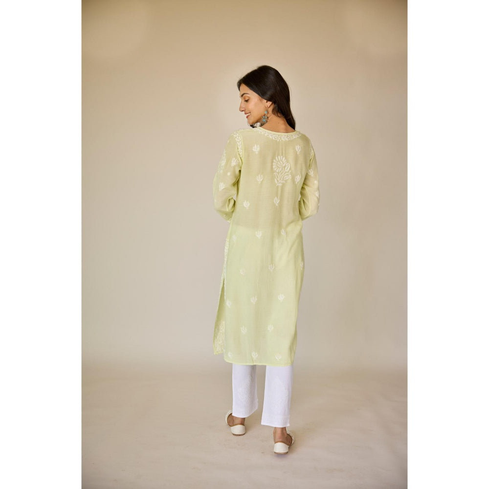 Old Marigold Raha Lime Yellow Muslin Embroidered Chikankari Kurta