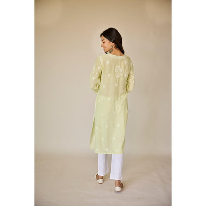 Old Marigold Raha Lime Yellow Muslin Embroidered Chikankari Kurta