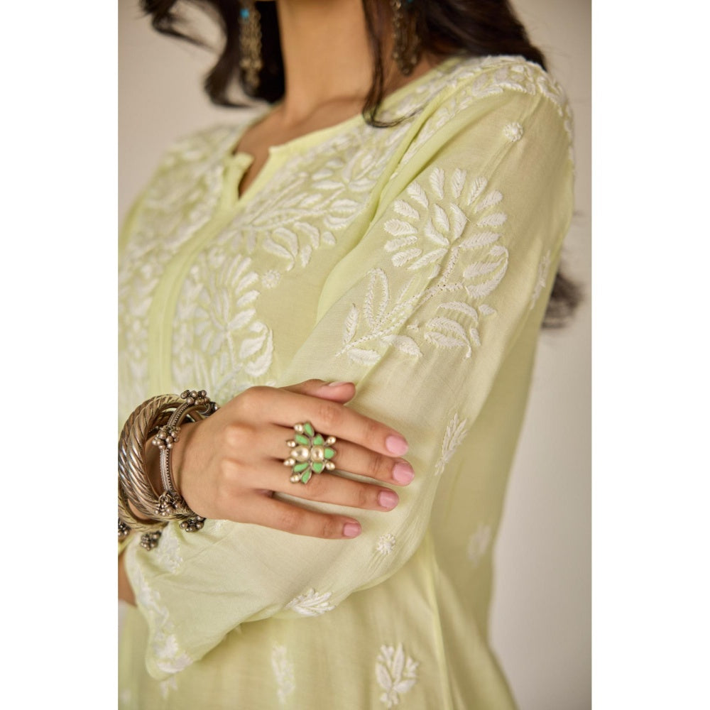 Old Marigold Raha Lime Yellow Muslin Embroidered Chikankari Kurta