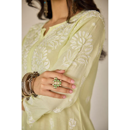 Old Marigold Raha Lime Yellow Muslin Embroidered Chikankari Kurta