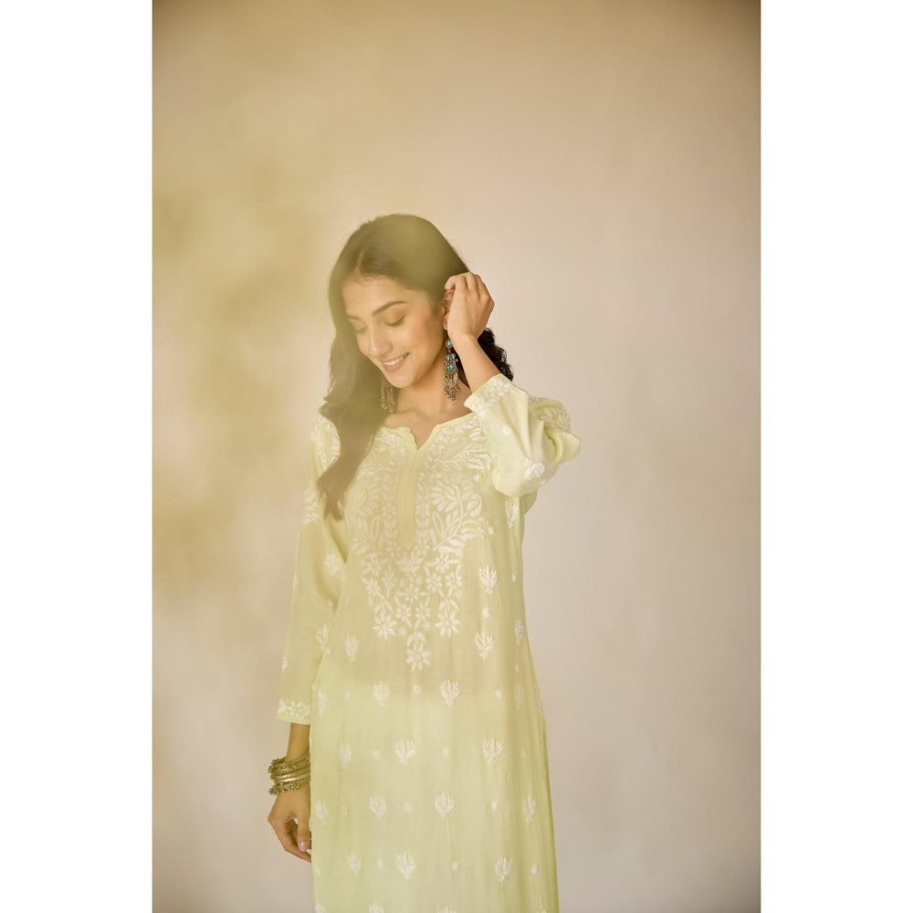 Old Marigold Raha Lime Yellow Muslin Embroidered Chikankari Kurta