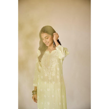 Old Marigold Raha Lime Yellow Muslin Embroidered Chikankari Kurta