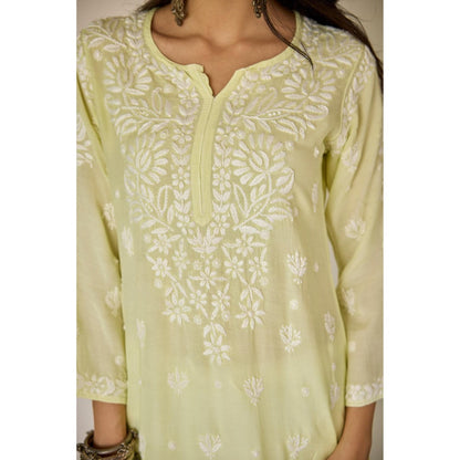 Old Marigold Raha Lime Yellow Muslin Embroidered Chikankari Kurta