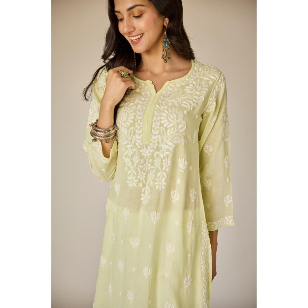 Old Marigold Raha Lime Yellow Muslin Embroidered Chikankari Kurta