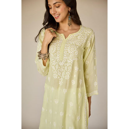 Old Marigold Raha Lime Yellow Muslin Embroidered Chikankari Kurta