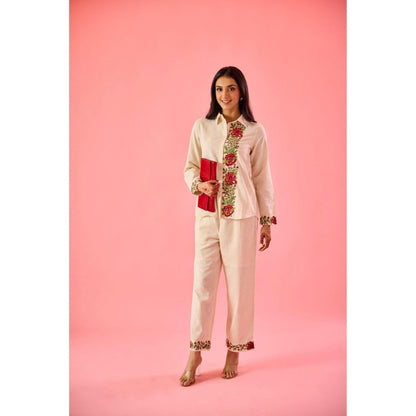 Old Marigold Fleur Beige Linen Embroidered Co-Ord (Set of 2)