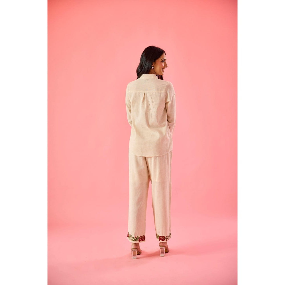 Old Marigold Fleur Beige Linen Embroidered Co-Ord (Set of 2)