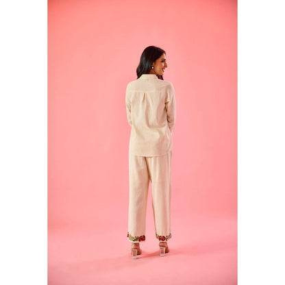 Old Marigold Fleur Beige Linen Embroidered Co-Ord (Set of 2)