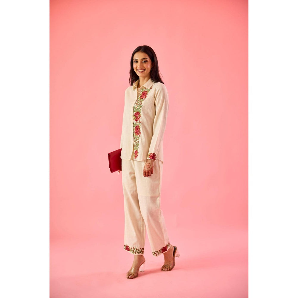 Old Marigold Fleur Beige Linen Embroidered Co-Ord (Set of 2)