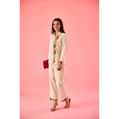 Old Marigold Fleur Beige Linen Embroidered Co-Ord (Set of 2)