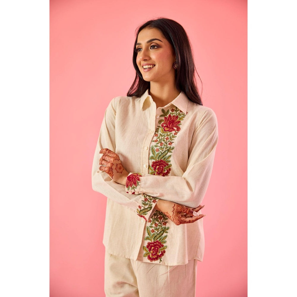 Old Marigold Fleur Beige Linen Embroidered Co-Ord (Set of 2)