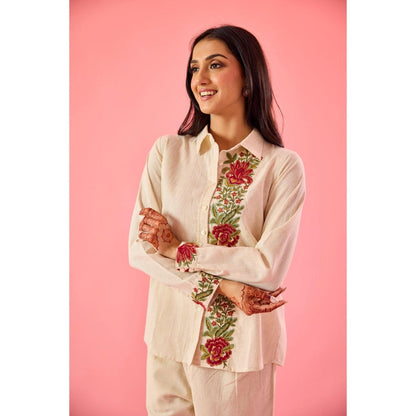 Old Marigold Fleur Beige Linen Embroidered Co-Ord (Set of 2)