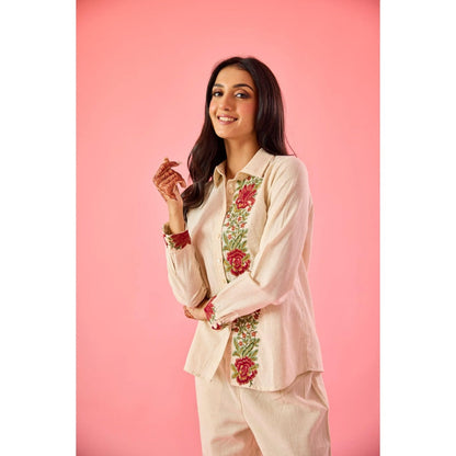 Old Marigold Fleur Beige Linen Embroidered Co-Ord (Set of 2)