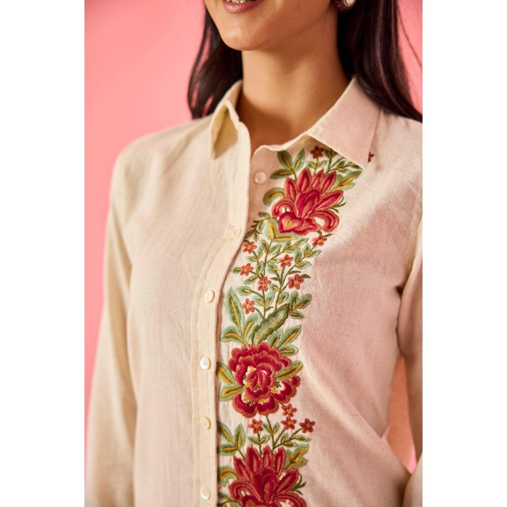 Old Marigold Fleur Beige Linen Embroidered Co-Ord (Set of 2)