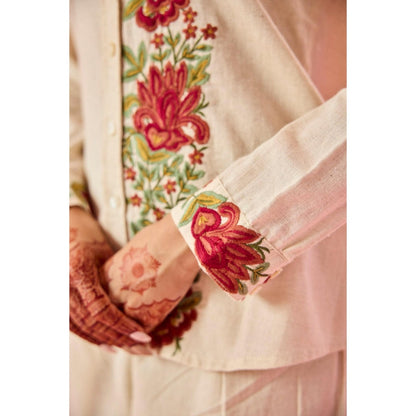 Old Marigold Fleur Beige Linen Embroidered Co-Ord (Set of 2)