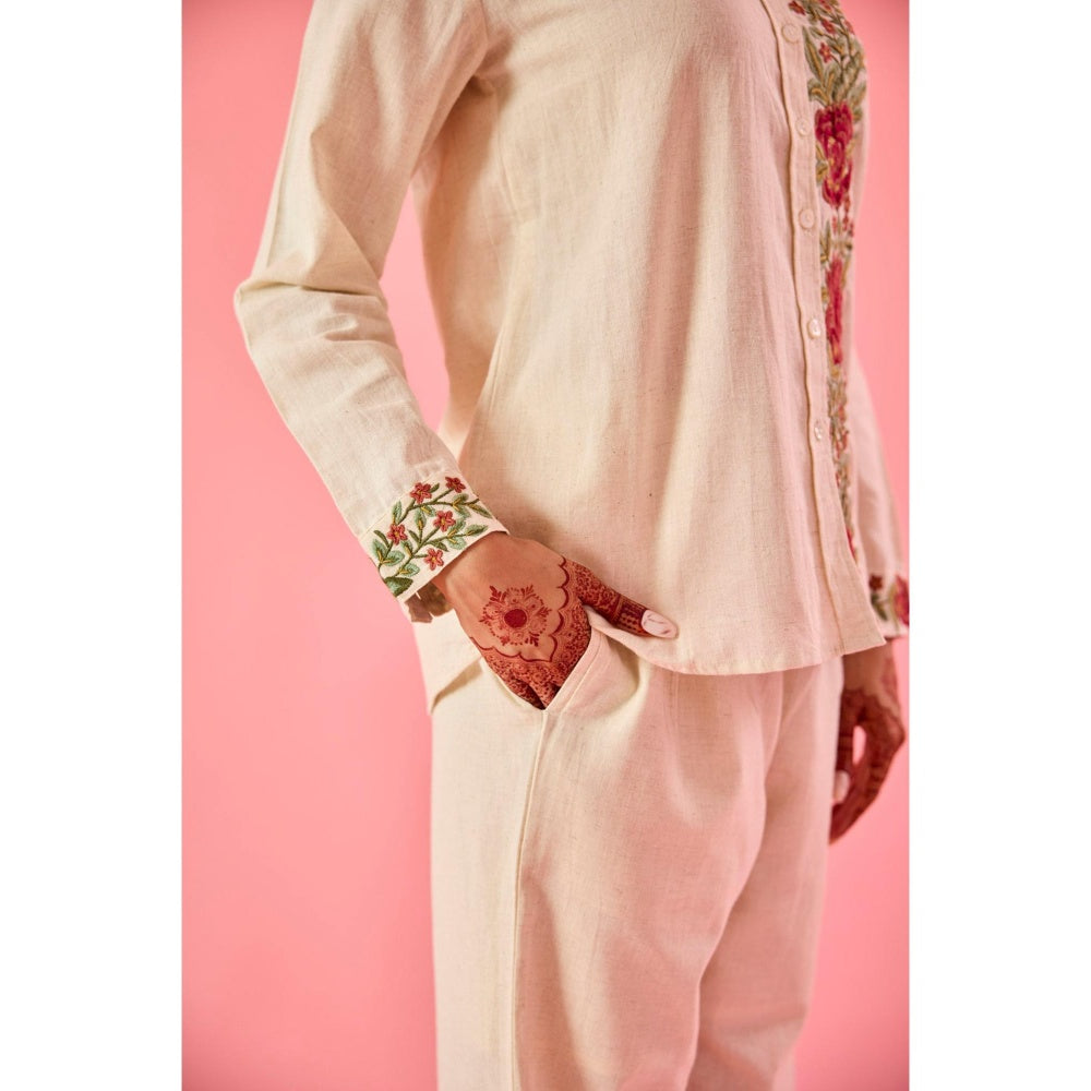Old Marigold Fleur Beige Linen Embroidered Co-Ord (Set of 2)