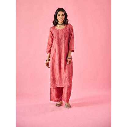 Old Marigold Macaba Pink Chanderi Hand Embroidered Chikankari Kurta And Palazzo (Set of 2)