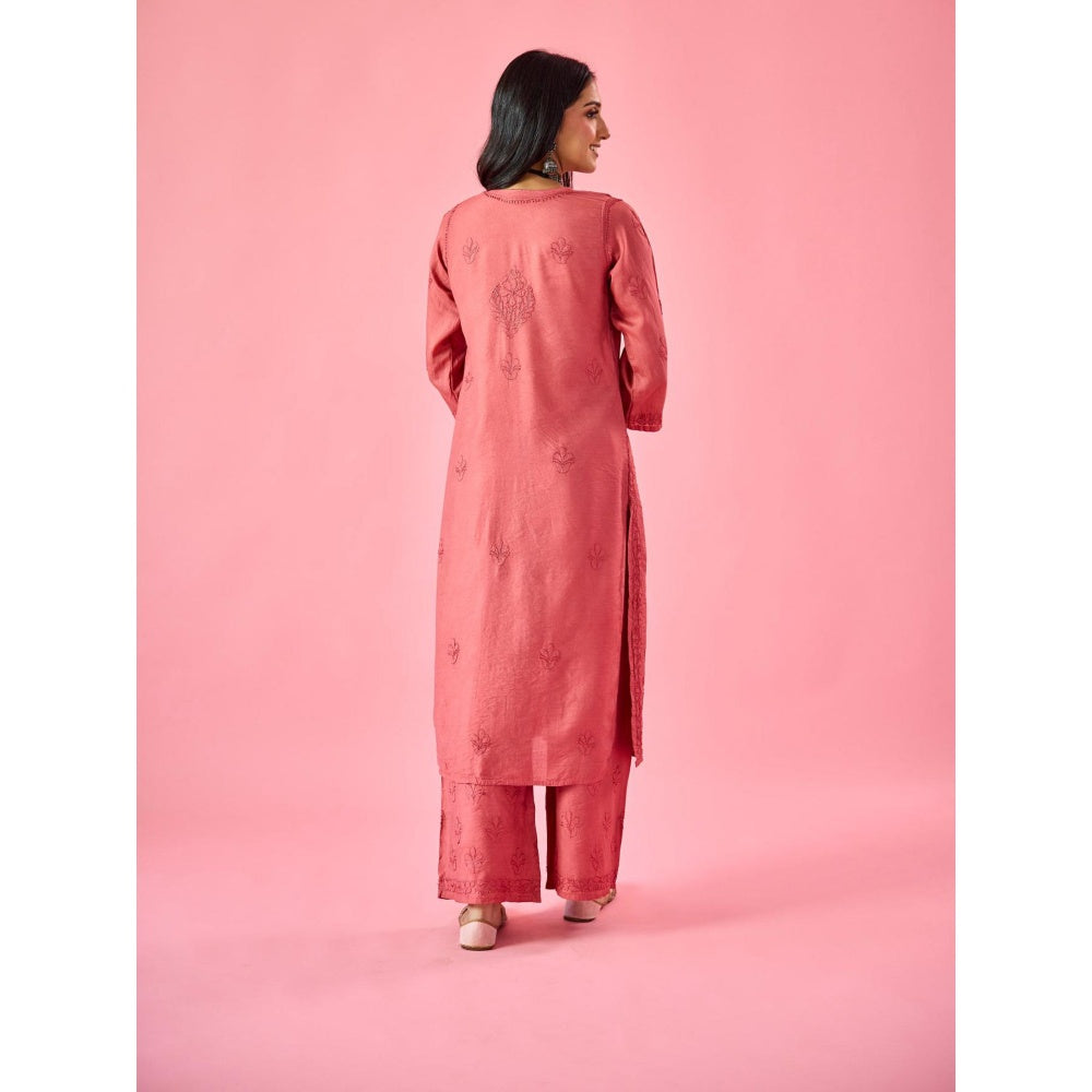Old Marigold Macaba Pink Chanderi Hand Embroidered Chikankari Kurta And Palazzo (Set of 2)
