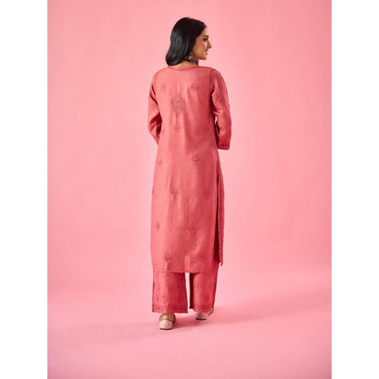 Old Marigold Macaba Pink Chanderi Hand Embroidered Chikankari Kurta And Palazzo (Set of 2)