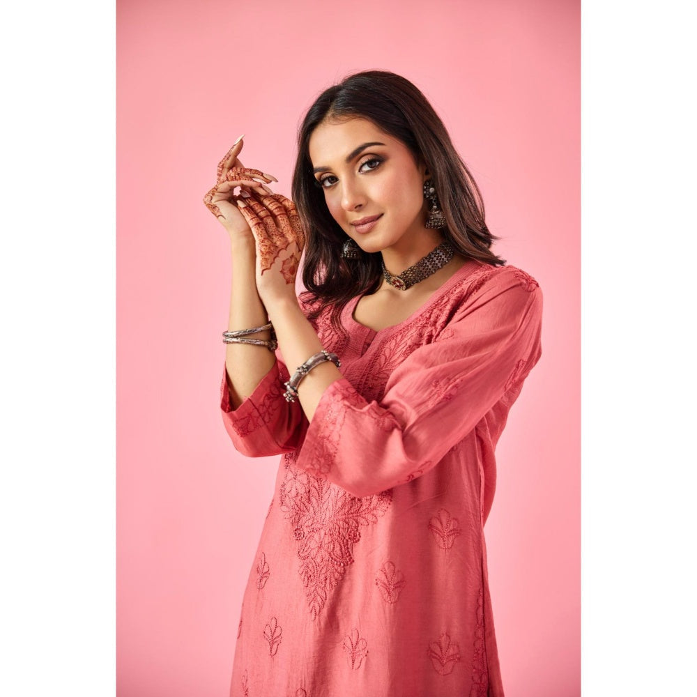Old Marigold Macaba Pink Chanderi Hand Embroidered Chikankari Kurta And Palazzo (Set of 2)