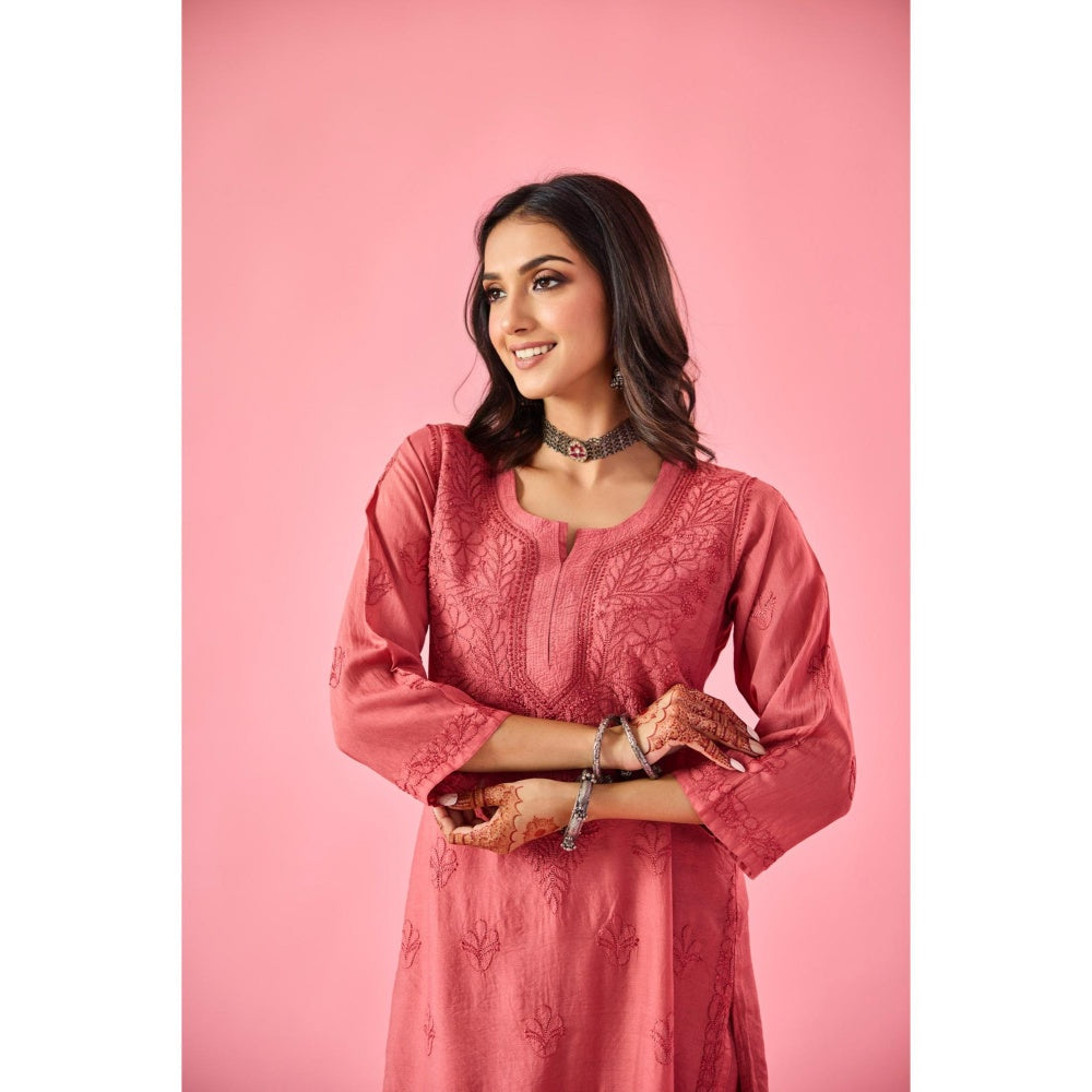 Old Marigold Macaba Pink Chanderi Hand Embroidered Chikankari Kurta And Palazzo (Set of 2)