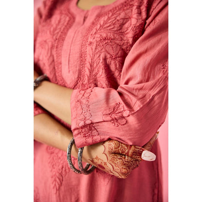 Old Marigold Macaba Pink Chanderi Hand Embroidered Chikankari Kurta And Palazzo (Set of 2)