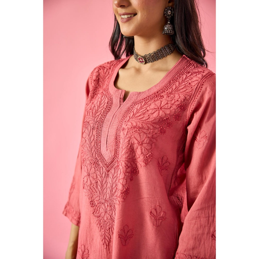 Old Marigold Macaba Pink Chanderi Hand Embroidered Chikankari Kurta And Palazzo (Set of 2)