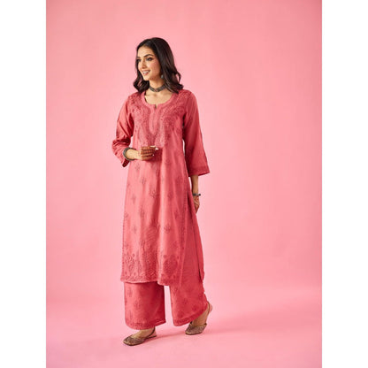 Old Marigold Macaba Pink Chanderi Hand Embroidered Chikankari Kurta And Palazzo (Set of 2)