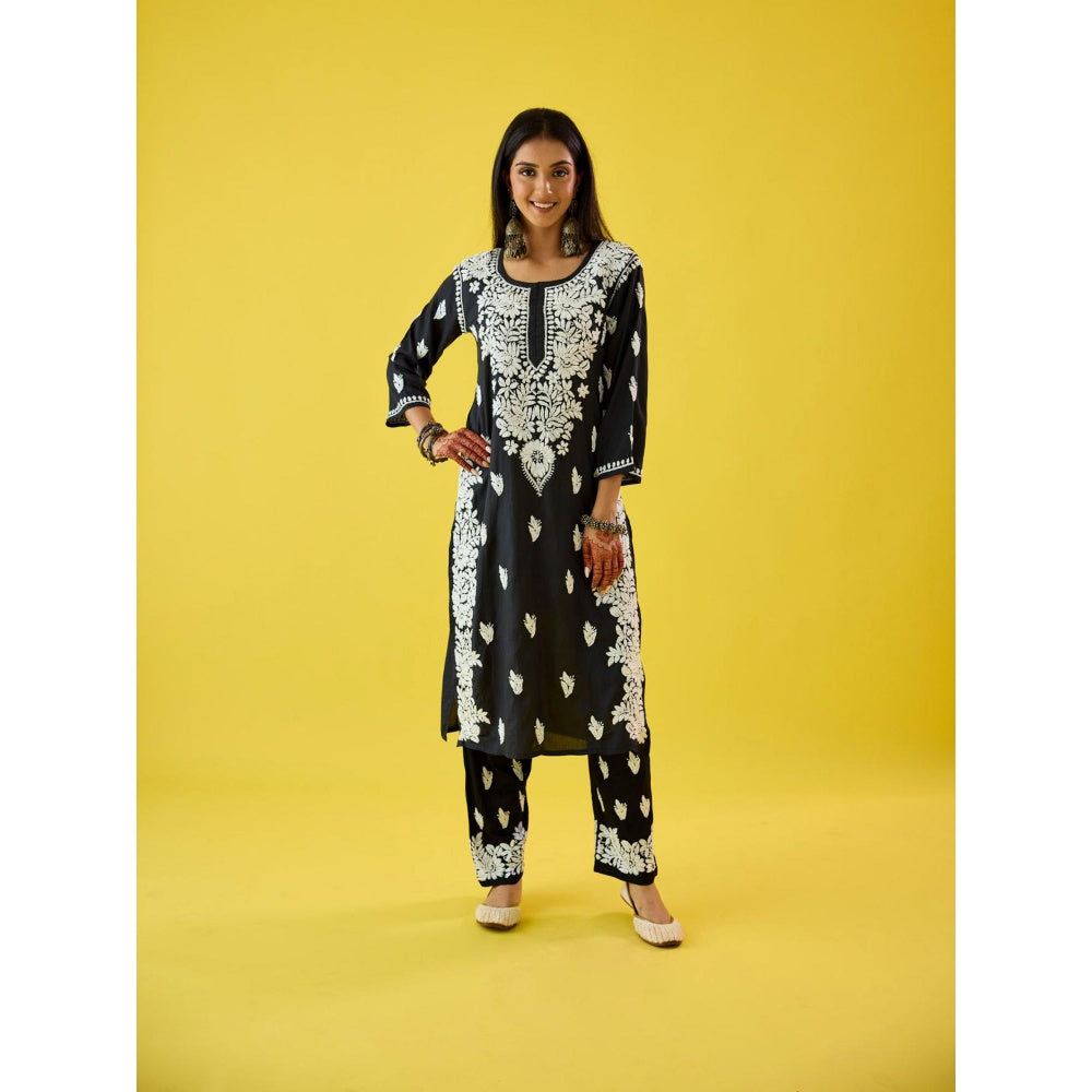 Old Marigold Raima Black Modal Hand Embroidered Chikankari Kurta And Pant (Set of 2)