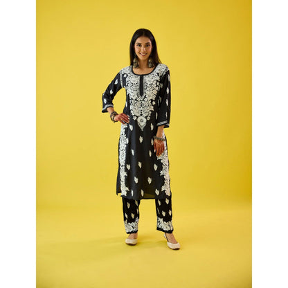 Old Marigold Raima Black Modal Hand Embroidered Chikankari Kurta And Pant (Set of 2)