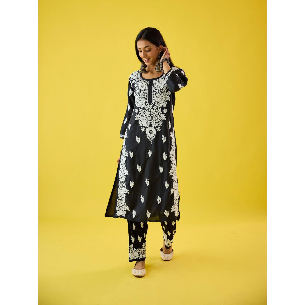 Old Marigold Raima Black Modal Hand Embroidered Chikankari Kurta And Pant (Set of 2)