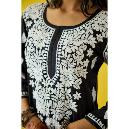 Old Marigold Raima Black Modal Hand Embroidered Chikankari Kurta And Pant (Set of 2)