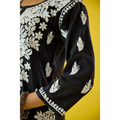 Old Marigold Raima Black Modal Hand Embroidered Chikankari Kurta And Pant (Set of 2)