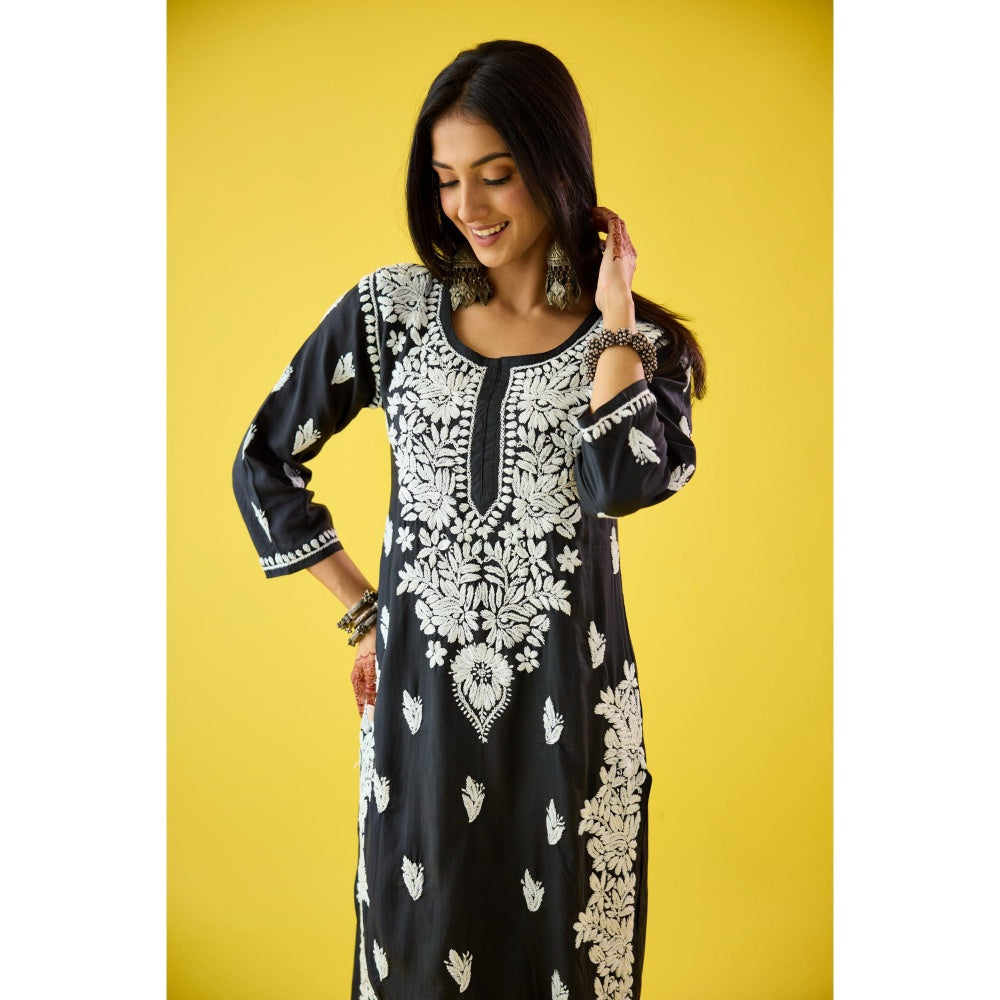 Old Marigold Raima Black Modal Hand Embroidered Chikankari Kurta And Pant (Set of 2)