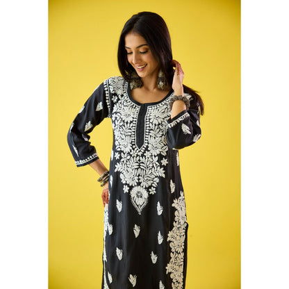Old Marigold Raima Black Modal Hand Embroidered Chikankari Kurta And Pant (Set of 2)