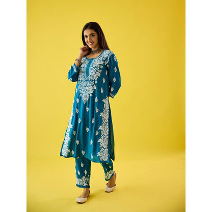 Old Marigold Aanya Blue Modal Hand Embroidered Chikankari Kurta And Pant (Set of 2)