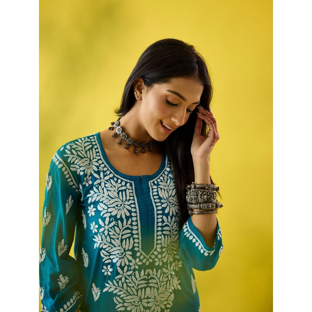 Old Marigold Aanya Blue Modal Hand Embroidered Chikankari Kurta And Pant (Set of 2)