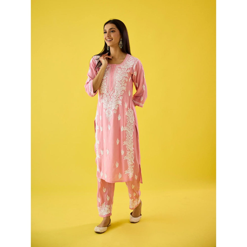 Old Marigold Mehtap Baby Pink Modal Hand Embroidered Chikankari Kurta And Pant (Set of 2)