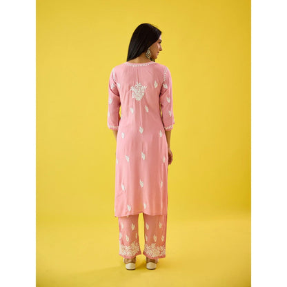 Old Marigold Mehtap Baby Pink Modal Hand Embroidered Chikankari Kurta And Pant (Set of 2)