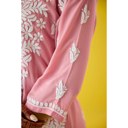 Old Marigold Mehtap Baby Pink Modal Hand Embroidered Chikankari Kurta And Pant (Set of 2)