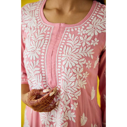 Old Marigold Mehtap Baby Pink Modal Hand Embroidered Chikankari Kurta And Pant (Set of 2)