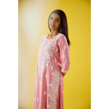 Old Marigold Mehtap Baby Pink Modal Hand Embroidered Chikankari Kurta And Pant (Set of 2)