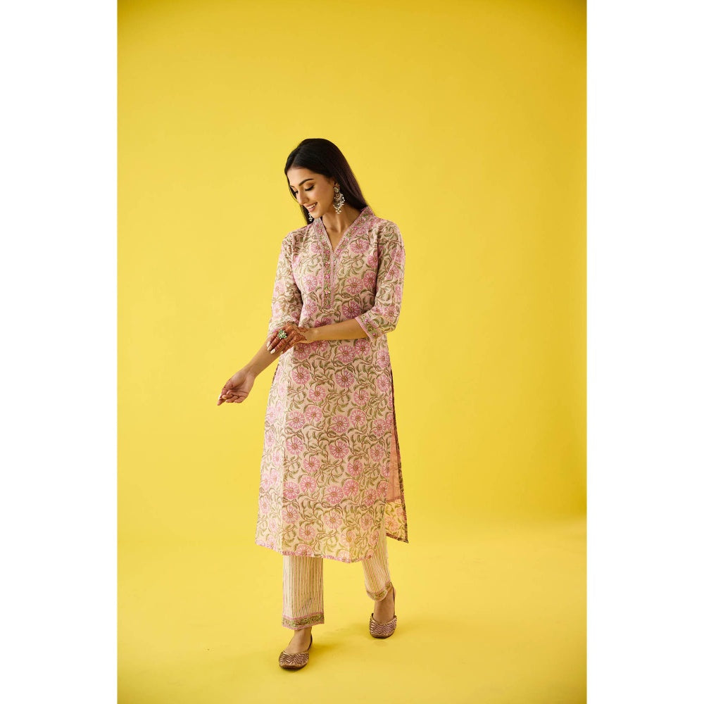 Old Marigold Aarzoo Pink Chanderi Hand Embellished Kurta Pant & Dupatta (Set of 3)