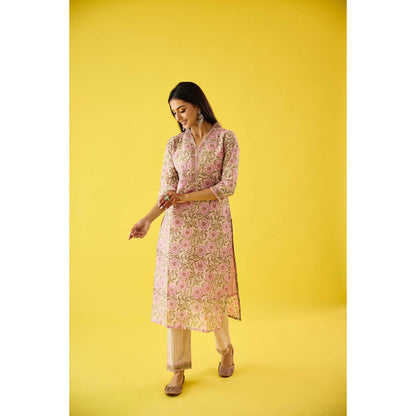 Old Marigold Aarzoo Pink Chanderi Hand Embellished Kurta Pant & Dupatta (Set of 3)