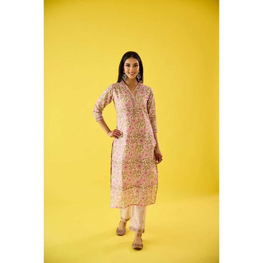 Old Marigold Aarzoo Pink Chanderi Hand Embellished Kurta Pant & Dupatta (Set of 3)